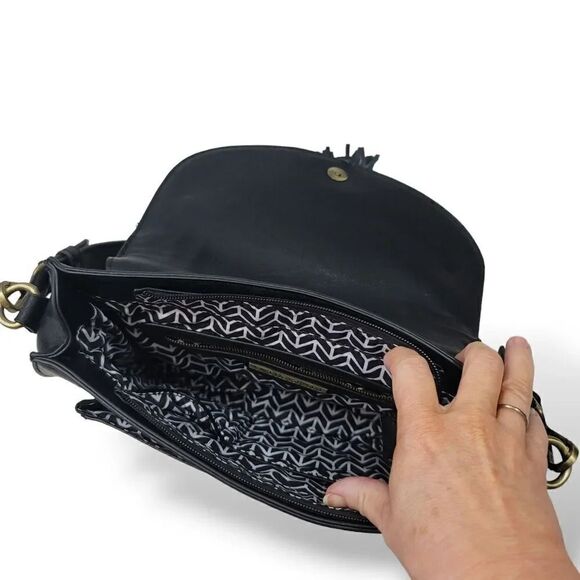 Antik Kraft Vegan Leather Studded Fringe Saddle Bag in Black - Picture 5 of 7